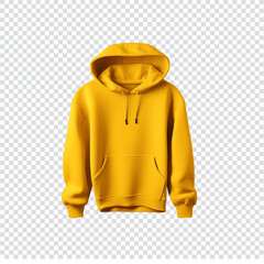 Blank yellow hooded sweatshirt isolated on transparent background, 