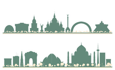 Abstract Delhi India and Kiev Ukraine City Skyline set With Color Landmarks. Business Travel And Tourism Concept with Historic Buildings. Illustration. - obrazy, fototapety, plakaty