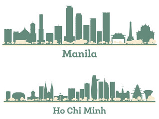 Abstract Ho Chi Minh Vietnam and Manila Philippines City Skyline set with Color Buildings. Illustration. Business Travel and Tourism Concept with Modern Architecture.