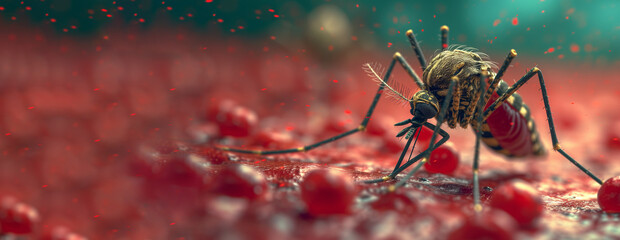 Malaria. Infected Culex Mosquito on Red Background, Leishmaniasis, Encephalitis, Yellow Fever, Mayaro Disease, Malaria, Zika, EEEV, EEE, Dengue outbreak. Virus Infectious Mosquito Parasite Insect - obrazy, fototapety, plakaty