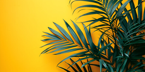Fototapeta na wymiar single yellow areca palm tropical leaf in yellow color washed on isolated yellow background, copy space, banner, generative ai