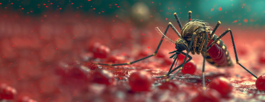 Malaria. Infected Culex Mosquito on Red Background, Leishmaniasis, Encephalitis, Yellow Fever, Mayaro Disease, Malaria, Zika, EEEV, EEE, Dengue outbreak. Virus Infectious Mosquito Parasite Insect