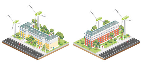 Isometric Residential Five Storey Building with Solar Panels with Wind Turbines. Green Eco Friendly House. Infographic Element. - obrazy, fototapety, plakaty