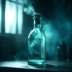 A Empty Glass Bottle with Smoke In A Dark Room Beside Window.