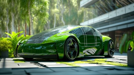 compact green car with solar panels driving through a futuristic city with vertical gardens on buildings