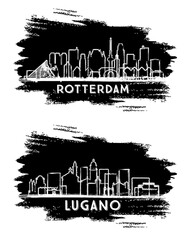 Lugano Switzerland and Rotterdam Netherlands City Skyline Silhouette set. Hand Drawn Sketch. Business Travel and Tourism Concept with Modern Architecture.