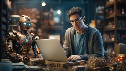 Male engineer programming humanoid robot with a laptop in a modern lab.