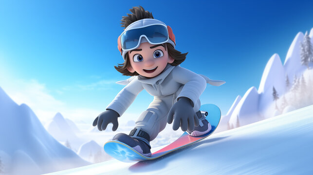 Cartoon snowboarder playing snowboard on snow mountain 