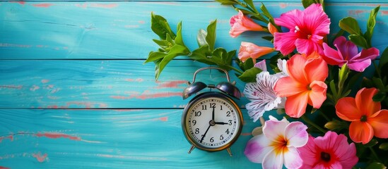 Beautiful flowers and an alarm clock on a blue wooden background