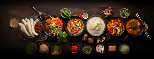 Top view of korean food with meat, seafood, sauces and vegetables in black bowls on table or wooden...