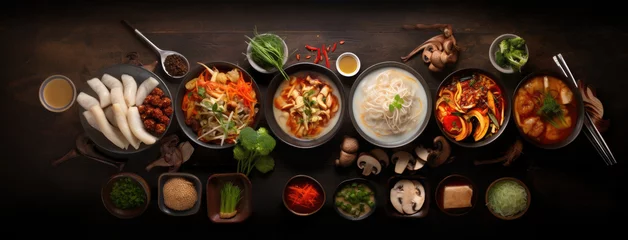Foto op Aluminium Top view of korean food with meat, seafood and vegetables in bowls on a table or wooden surface. Asian ingredients for cooking on dark background. Generative AI. © cabado