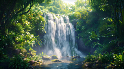 A cascading waterfall hidden in a dense jungle, surrounded by lush foliage and the soothing sounds of nature's orchestra.