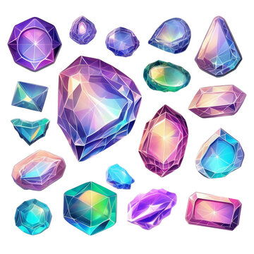 Set of different colored gems on a light background. Vector illustration. Colored diamond. Abstract polygonal crystal. Illustration of a crystal. holographic sticker on a transparent background.