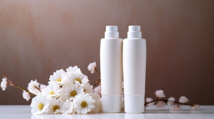 Fototapeta na wymiar glossy cosmetic bottles White bottle and tube with white flowers Natural cosmetics for skin care