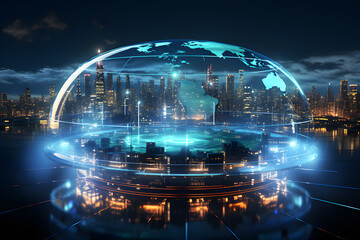 Model futuristic city under glass dome blue light protect city future technology. Cyber security concept as hologram of cityscape under power dome. - obrazy, fototapety, plakaty