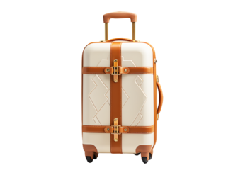Luggage bags isolated on cut out PNG or transparent background. Shot Of plastic suitcases standing at empty. White banner for air travelling and Vacation Booking. Realistic clipart template pattern.