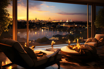 Seaside living room in morning bright orange evening cloud sky. Landscape of outdoor summer. Beach resort alfresco cafe or bar with sea and city is background. Realistic clipart template pattern.	