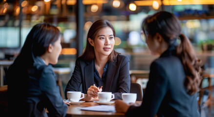 Businesswomen discussing business strategy while drinking coffee. Casual business discussion group of creative designer friend positive ideas sharing conversation in cafe. ai generate