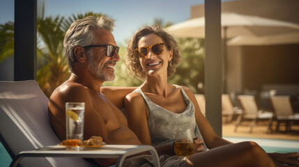 Happy mature couple enjoying a leisurely day with drinks by a sunny poolside.