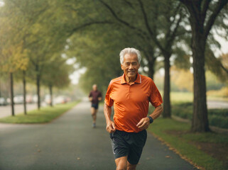 Obraz premium Senior man going for a run living a healthy lifestyle for longevity in park in morning