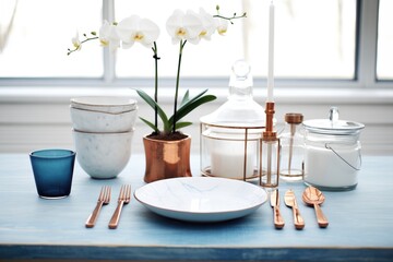 marble table with copper utensils, blue glassware, and white orchids