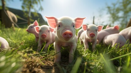Happy piglets on the farm field