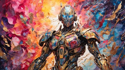 Fototapeta premium In a kaleidoscope of vibrant colors, a celestial robot rebellion unfolds in a mesmerizing watercolor painting. 