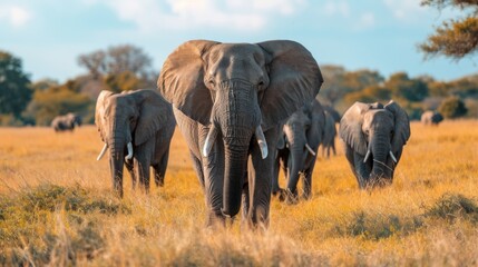 Fototapeta na wymiar Herd of wild elephants walking Beautiful elephant in the savannah