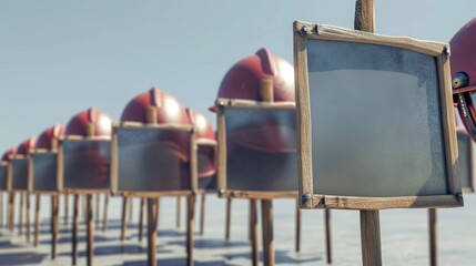 A line of helmets holding picket signs with slogans like Protect your noggin and Helmets save lives at a protest against unsafe practices in their imaginary world.