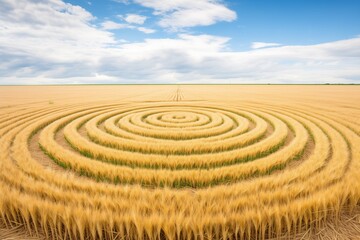 Fototapeta na wymiar a large circular crop circle in a wheat field