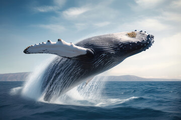Fototapeta premium Humpback whale flying over the sea on a white background.