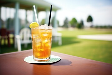 glass of iced tea and lemonade mix on golf course table - obrazy, fototapety, plakaty