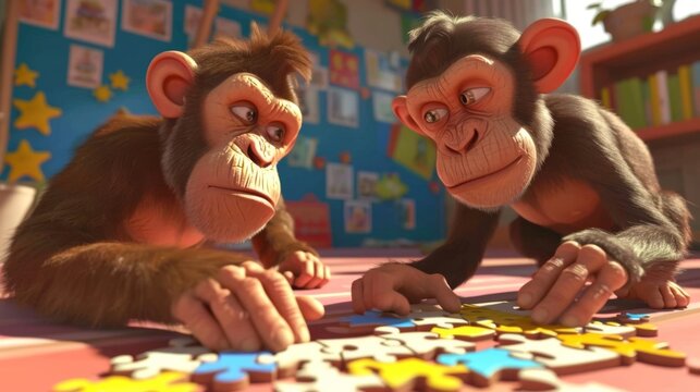 Cartoon scene Two players race against each other to put together a mive puzzle but are distracted by a monkey who has managed to solve it in record time.