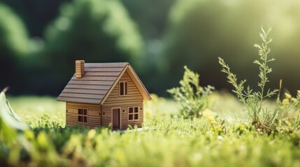 Obraz na płótnie Canvas Miniature wooden house amid spring grass Green and eco-friendly home concept