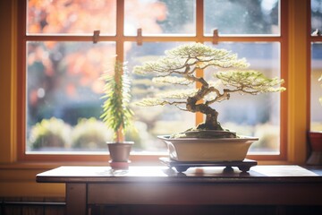 sunlight filtering onto a bonsai in a window