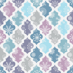 Seamless christmas geometric pattern of shapes with winter pattern with doodle snowflakes in retro colors. Vector image