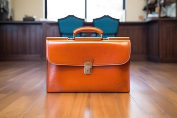 leather briefcase placed on polished wood floor - obrazy, fototapety, plakaty