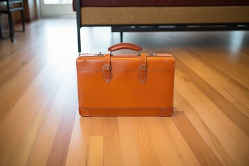 leather briefcase placed on polished wood floor