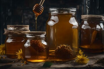 jar of honey and a wooden spoon