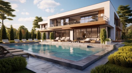 Fototapeta na wymiar Modern luxury home with a stunning front yard swimming pool.