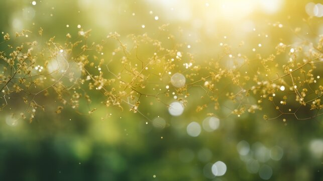 Natural outdoor bokeh backdrop in shades of light green and yellow with a halo of sunlight. Design. Cover image. Wallpaper. © venusvi
