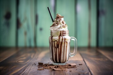 chocolate shake with chocolate syrup drizzled on top