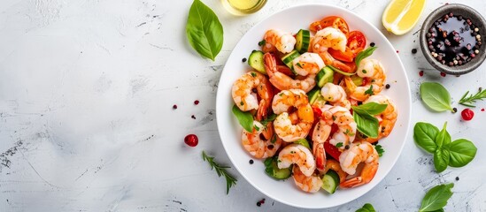 Delicious shrimp salad and ingredients on a plain backdrop