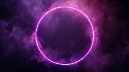 Neon circle frame with soft round glowing smoke. Purple ring with sparks and flare