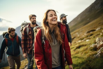 Naklejka premium group of friends hiking in mountains, A group of friends hiking in the mountains at sunset , Young adults hiking in nature smiling joyfully together, Ai generated