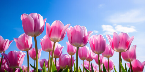 Seasonal pink spring tulip flowers with blue sky in background