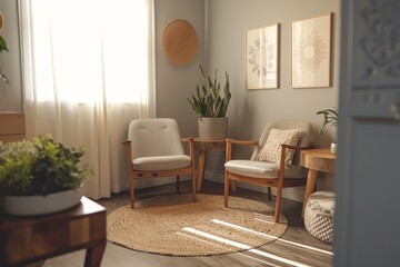A professional therapist's office with comfortable chairs and a calming, neutral decor, emphasizing a safe space