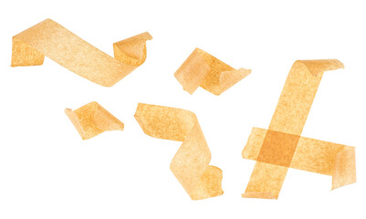 Yellow adhesive paper tape isolated on a white background, view from above. Masking tape streaks.