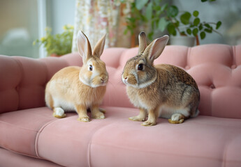 Adorable Bunny Pair on a Pink Sofa for Easter