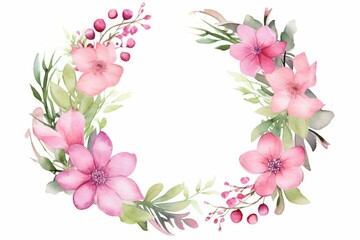 Obraz na płótnie Canvas Watercolor floral wreath, greenery, pink flowers, versatile for greeting cards, invitations, holidays, summer. Illustration. Generative AI